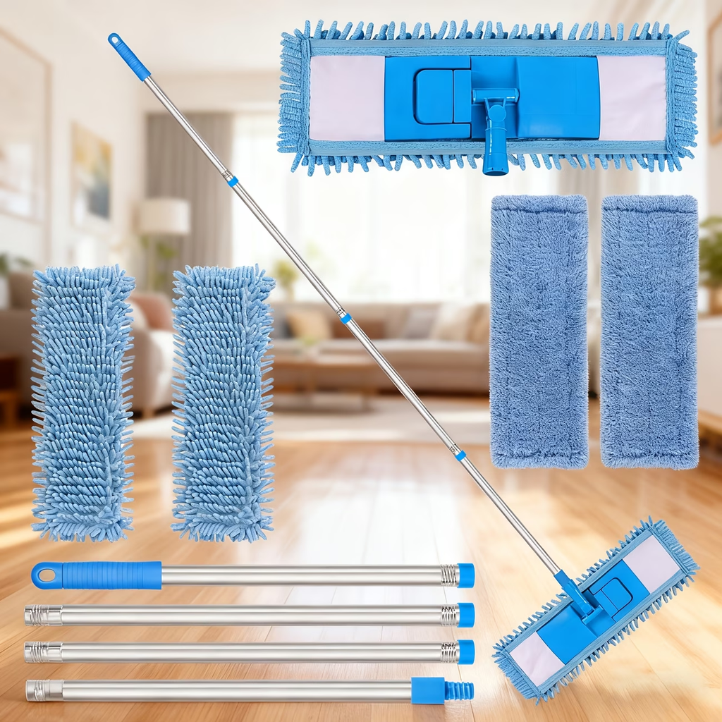 360° mop, adjustable length, comes with 2 microfiber cloths and 2 chenille cloths.