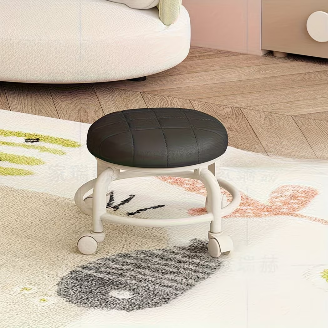 A small stool with wheels, a portable swivel stool for home use, and a shoe stool.