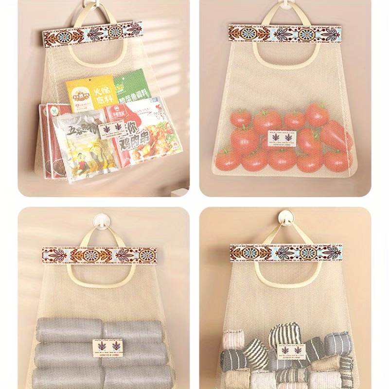 One wall-mounted fabric storage bag with hanging net and hooks.
