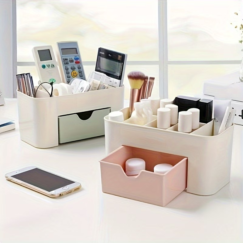 Multi-colored cosmetic storage box with drawers, made of lightweight plastic