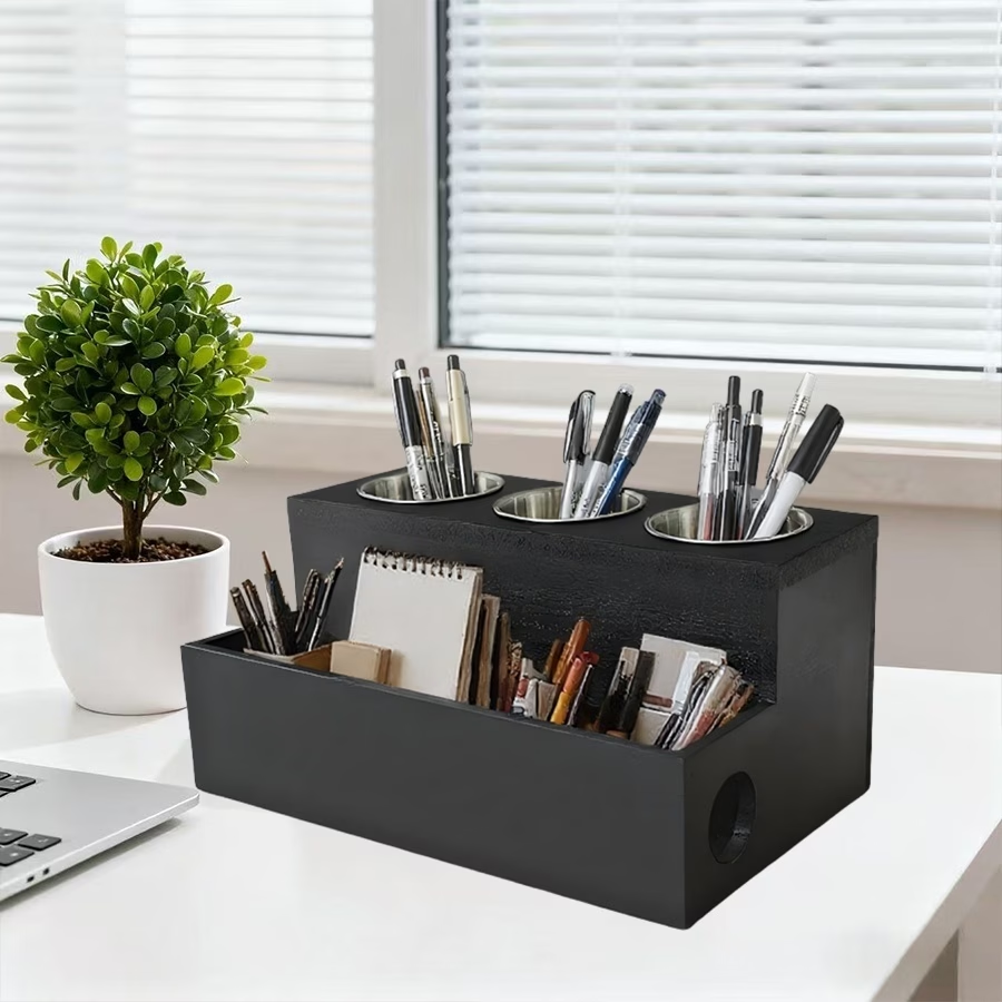 Wooden storage box containing 3 stainless steel containers