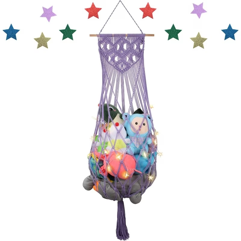 63-inch toy hammock corner shelf with woven ceiling and wall-mounted storage rack