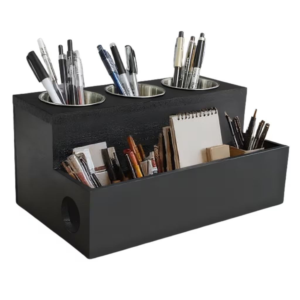 Wooden storage box containing 3 stainless steel containers
