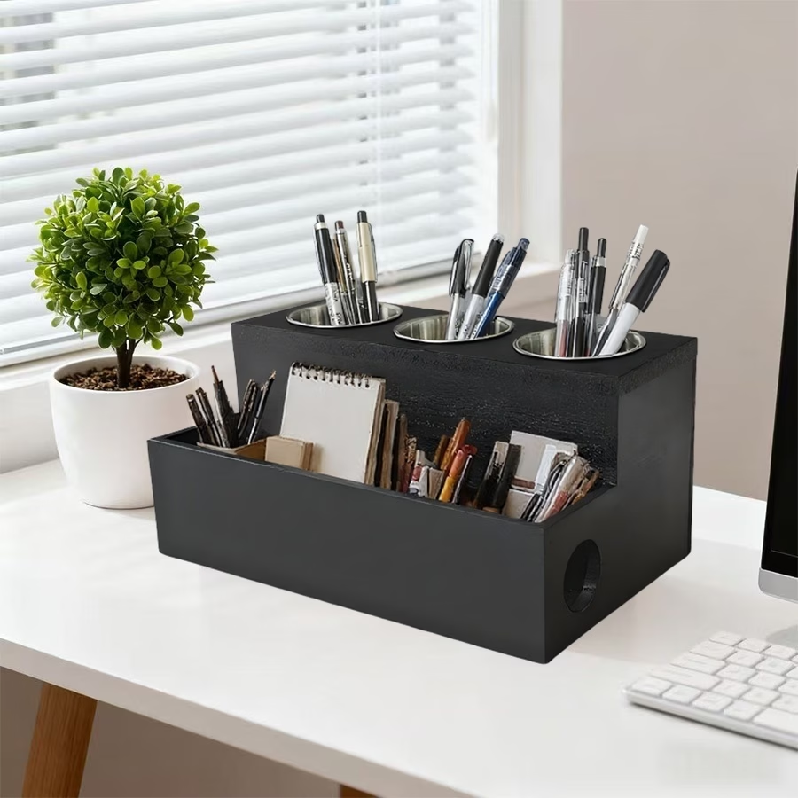 Wooden storage box containing 3 stainless steel containers
