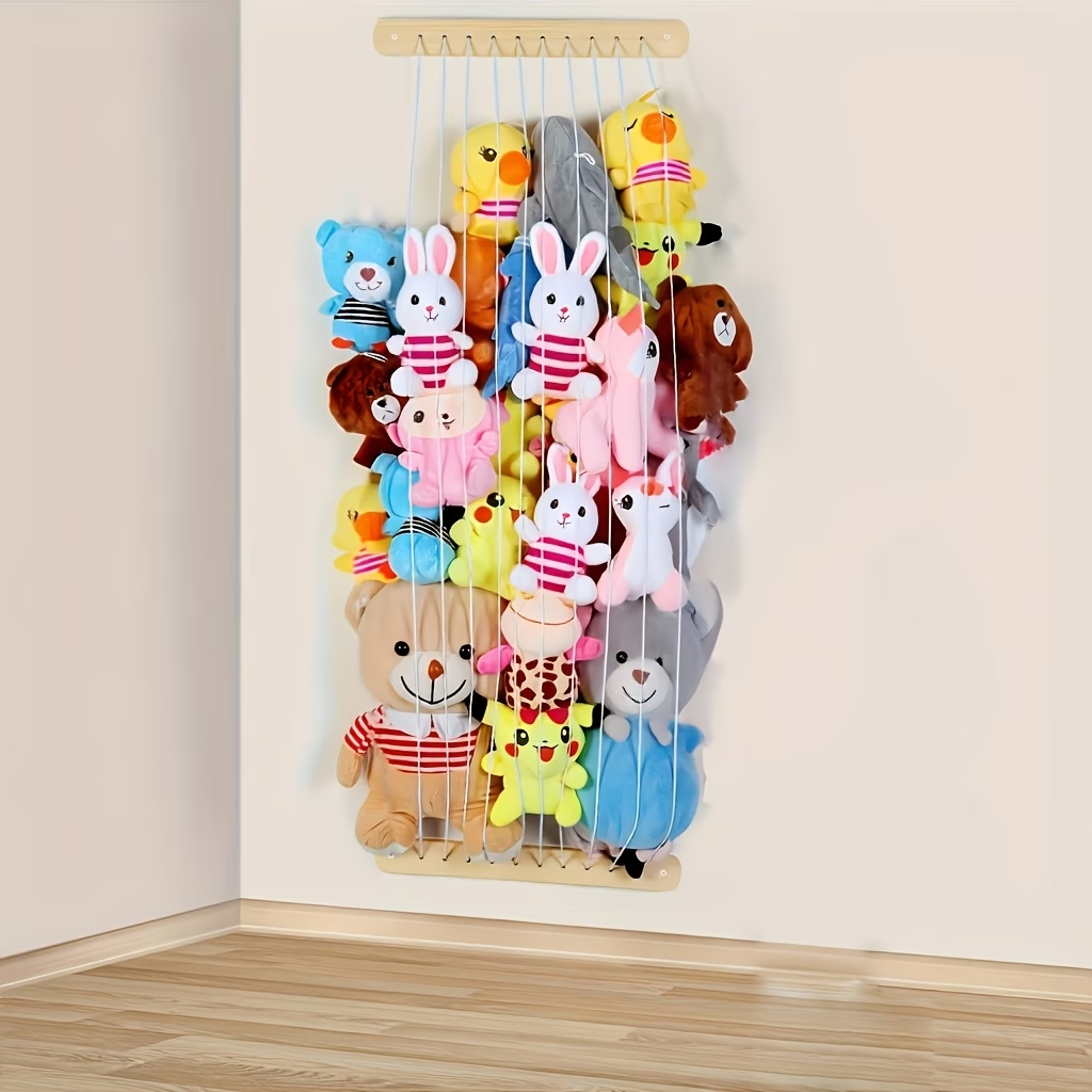 Wooden plush toy storage hammock and wall mesh