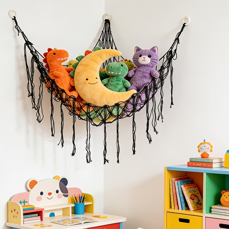 A plush toy storage hammock net with tassels
