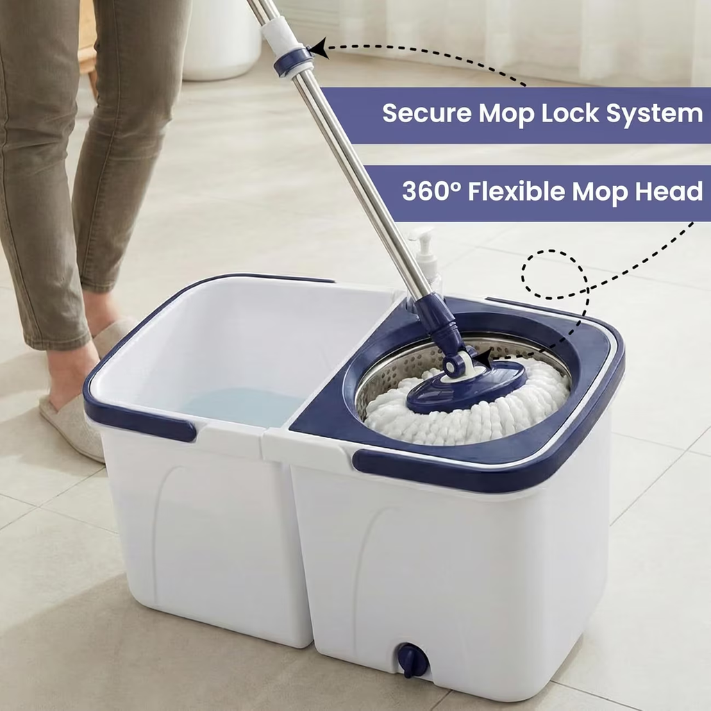 Spin mop set with a double-bucket design, one for clean water and one for dirty water.
