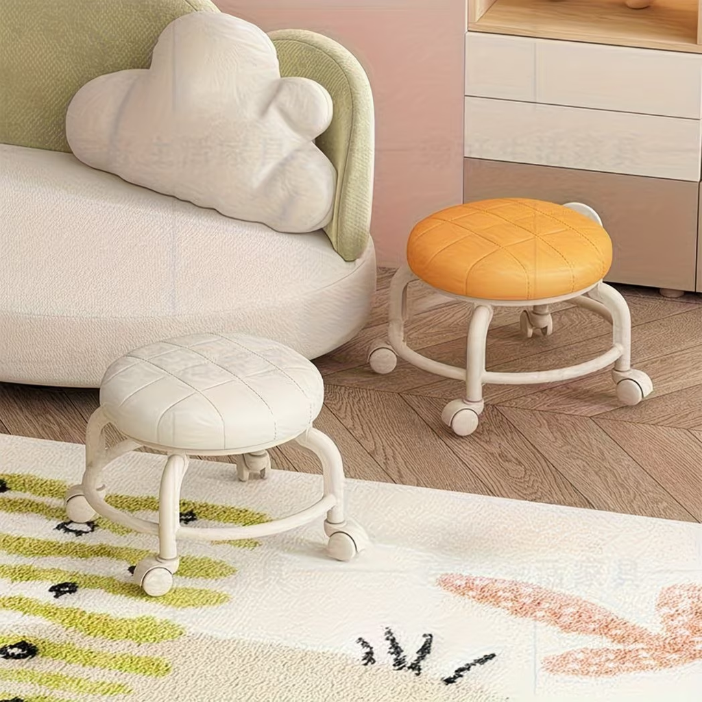 A small stool with wheels, a portable swivel stool for home use, and a shoe stool.