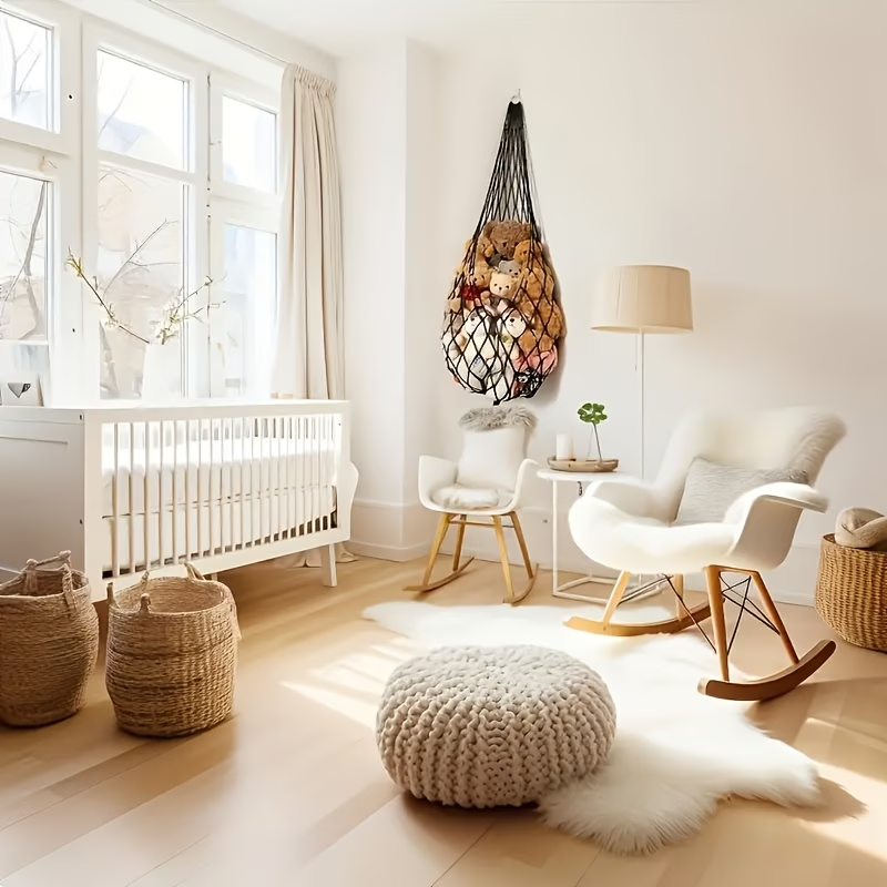 A spacious plush toy storage net, easy to install, with a bohemian design.
