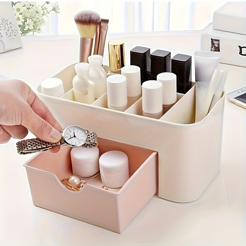 Multi-colored cosmetic storage box with drawers, made of lightweight plastic