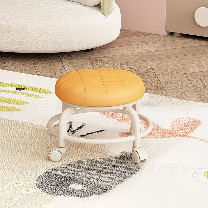 A small stool with wheels, a portable swivel stool for home use, and a shoe stool.