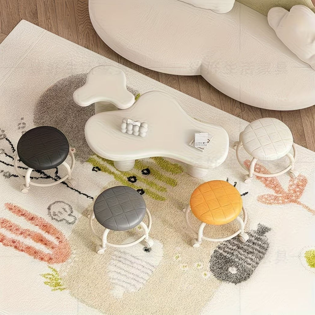 A small stool with wheels, a portable swivel stool for home use, and a shoe stool.