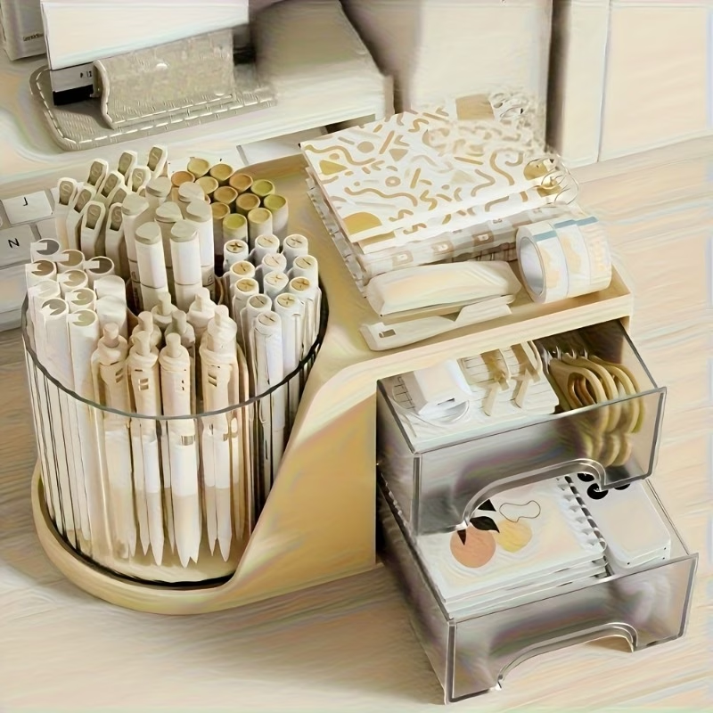 Minimalist desktop organizer box with pen holder and drawer structure